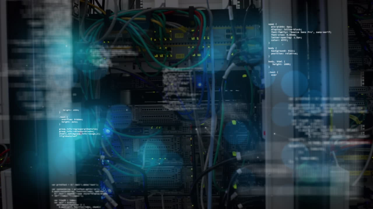 Animation of financial data processing over server room