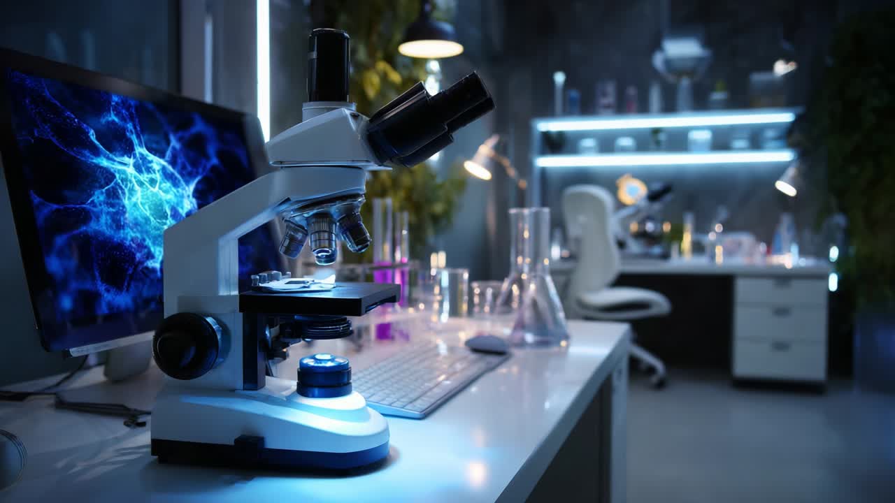 An Advanced Laboratory Setting Featuring a High-Tech Microscope Accompanied by Laboratory Equipment and a Computer, Highlighting an Innovative Environment for Scientific Research and Analysis
