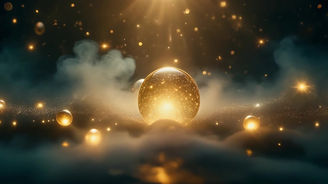 Glowing Golden Sphere Floating Above Clouds in Magical Atmosphere