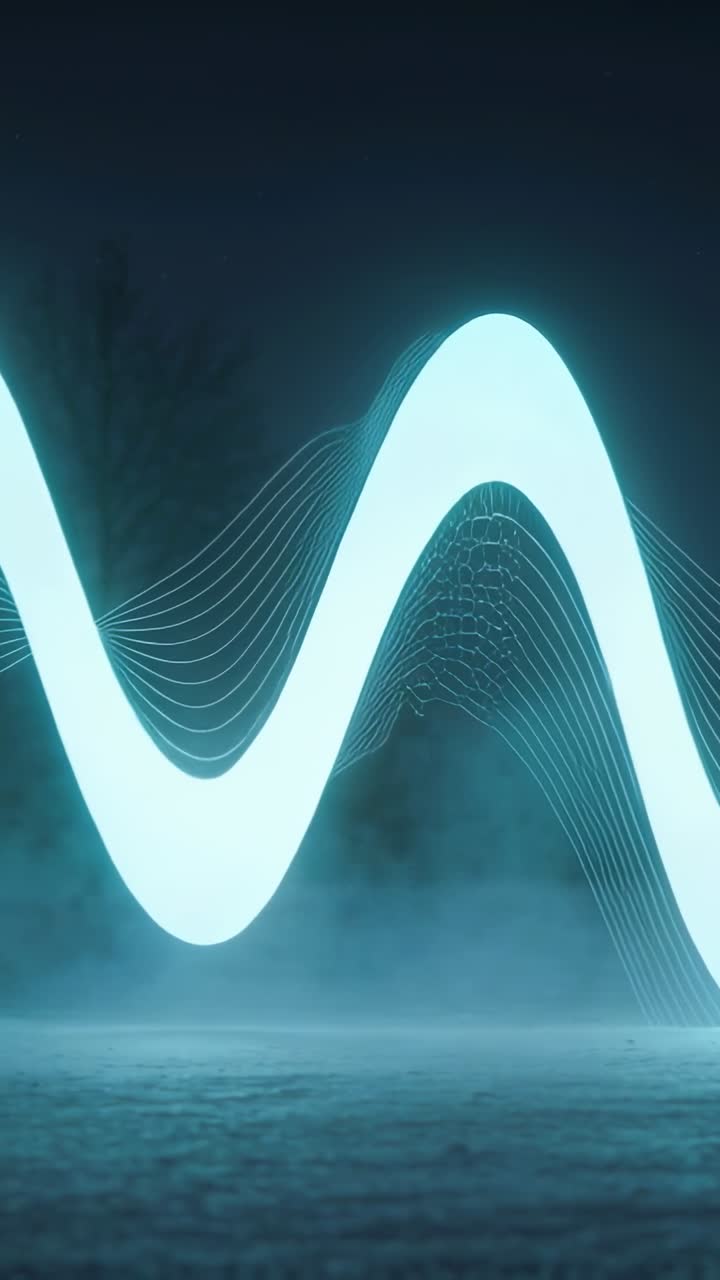 Vertical video: Shifting cyan ribbon moving above foggy clearing, triggered by left crest ripples