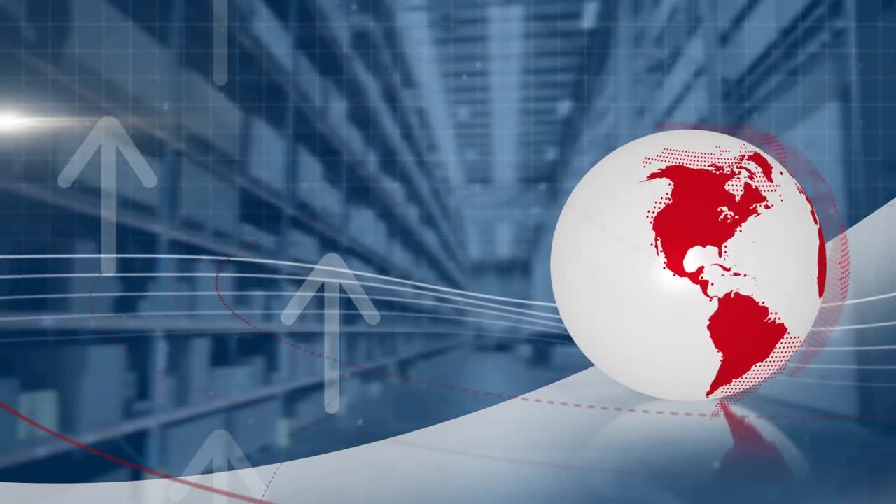 회전하는 지구와 화살표가 빛의 점과 창고에 대항하여 위로 움직이는 디지털 애니메이션