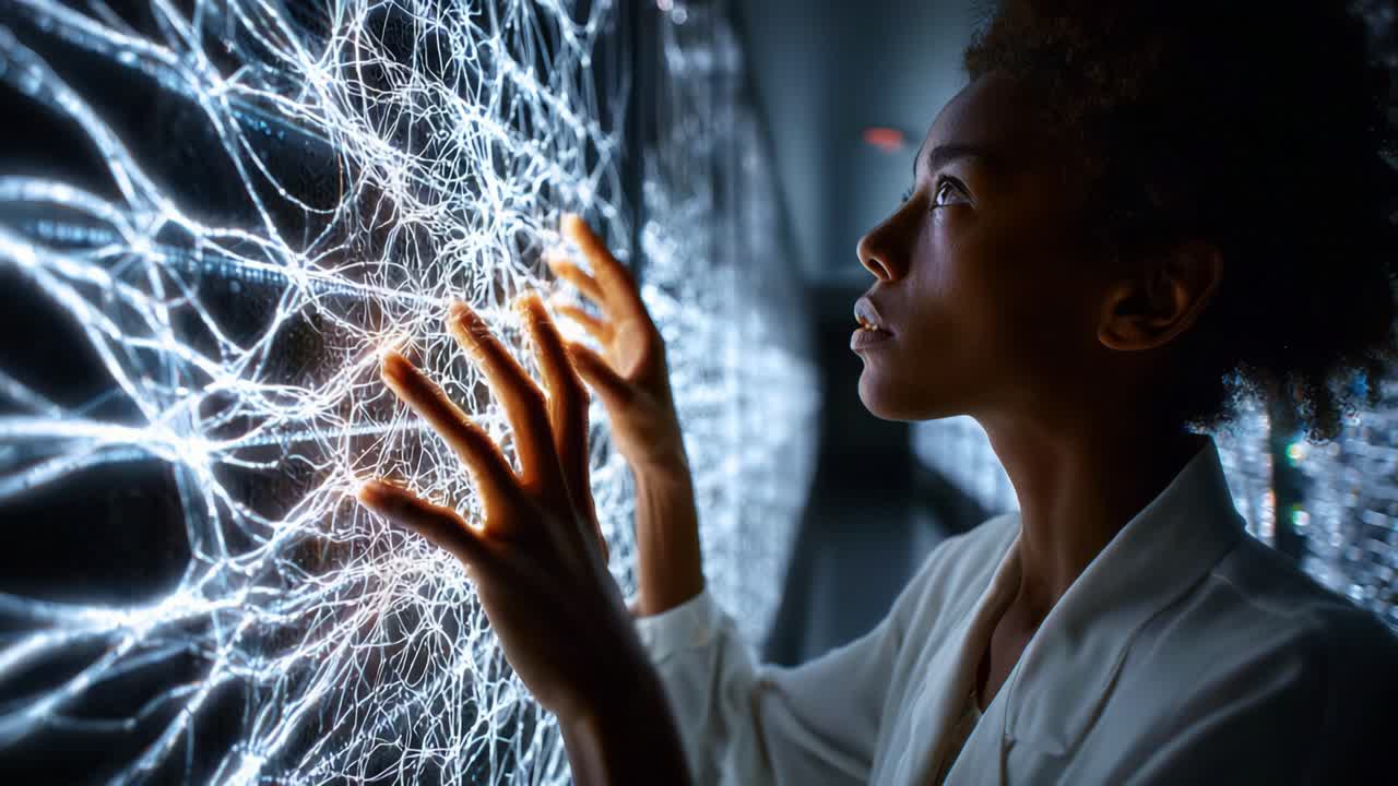Captivating Encounter with Light: A Woman Interacting with an Intricate Display of Glowing Neural Connections Illuminating the Surroundings in a Dark Environment