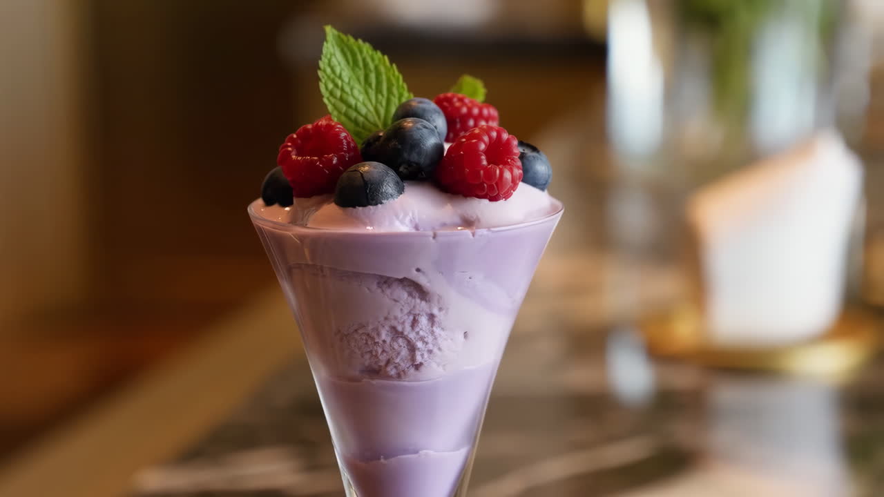 Purple berry parfait dessert with fresh fruit and mint