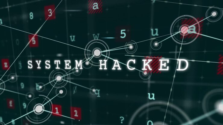 Animation of system hacked, malware, alert text with letters and numbers over connected dots