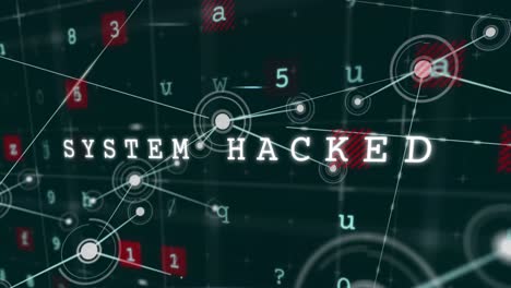 animación de sistema hackeado, malware, texto de alerta con letras y números sobre puntos conectados