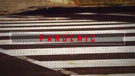 animation of pandemic text over people walking in city