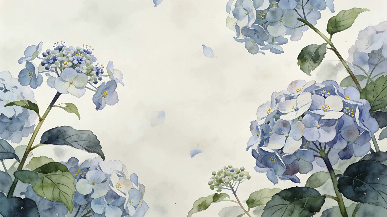 Petali che si staccano e fluttuano da ortensie blu con la brezza che inizia su carta beige per un biglietto di auguri