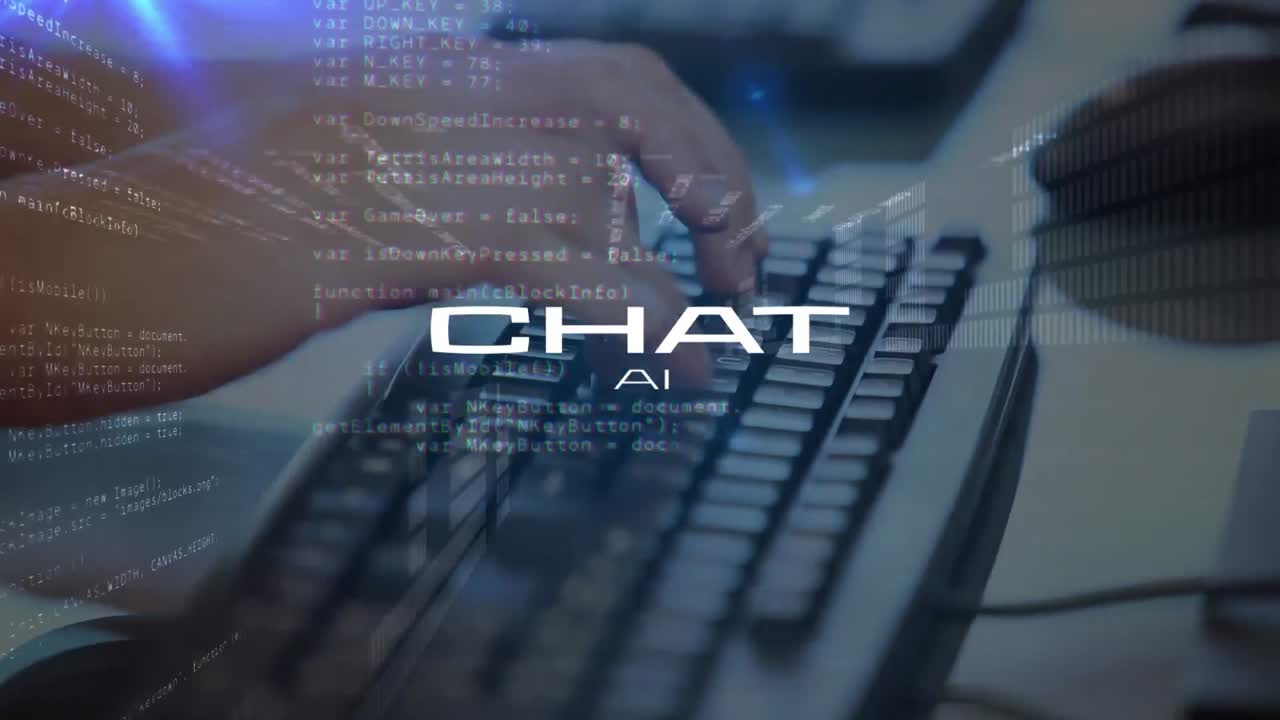 Animation of artificial intelligence text and data processing over caucasian man using computer