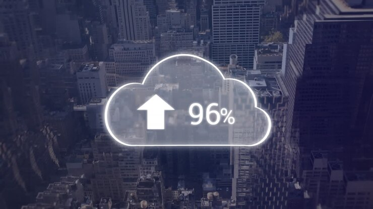 Digital composite of high-rise buildings and uploading in digital cloud.