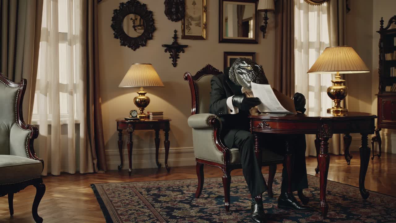 un caballero cocodrilo leyendo en una biblioteca vintage.