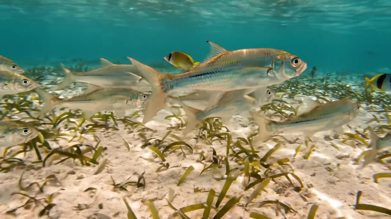 Underwater Scene with Schools of Fish Swimming Amidst Vibrant Seagrass, Capturing the Beauty of Marine Life and Ecosystems in Action