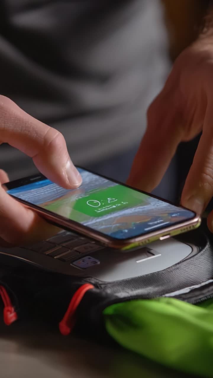A close-up view of a hand using a smartphone for contactless payment on a sleek black wallet, showcasing the modern convenience of digital transactions