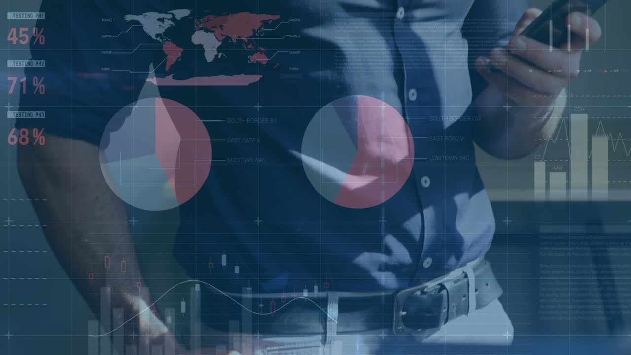 animación del procesamiento de datos estadísticos contra la sección media de un hombre que usa un teléfono inteligente en la oficina