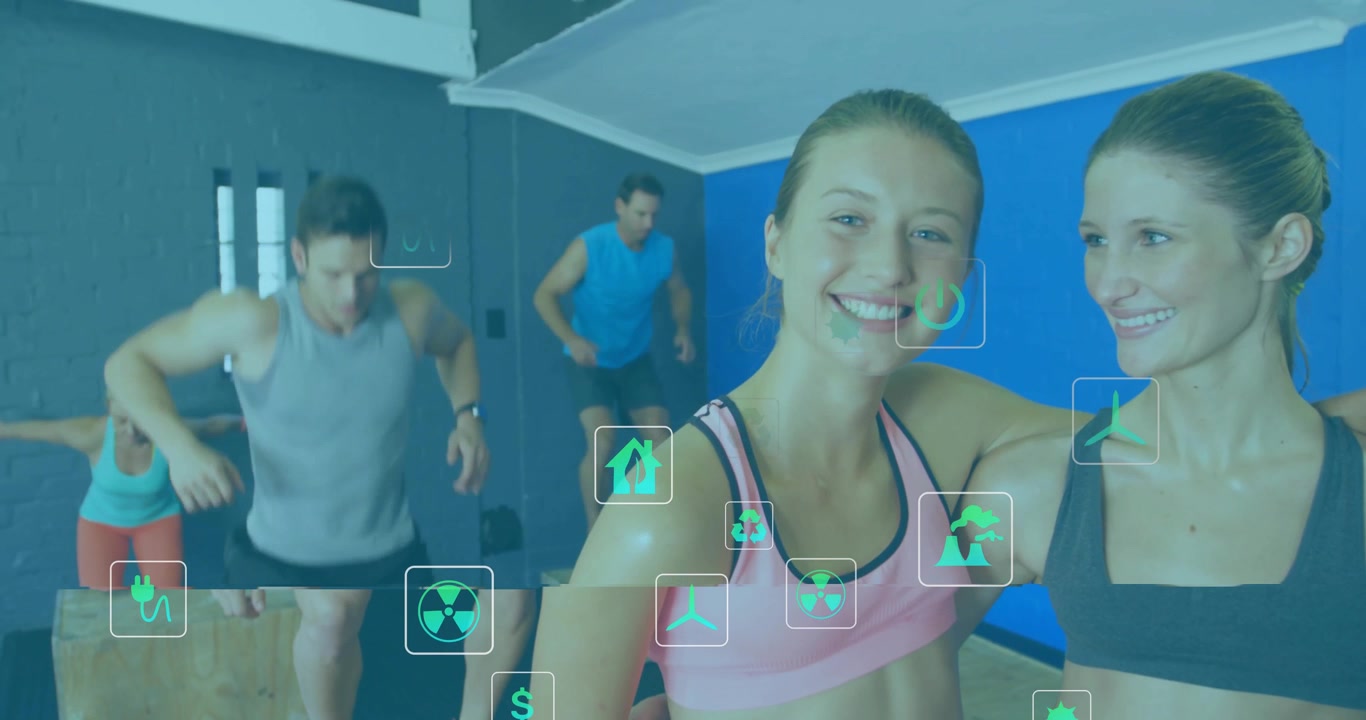 Temporizador a cero, lanzando grupo de fitness haciendo saltos de cajón en el gimnasio, mostrando iconos de energía.