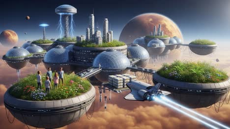 a stunning futuristic landscape showcasing floating islands with advanced cities, lush greenery, and spaceships, illustrating the harmony between technology and nature in a sci-fi world.