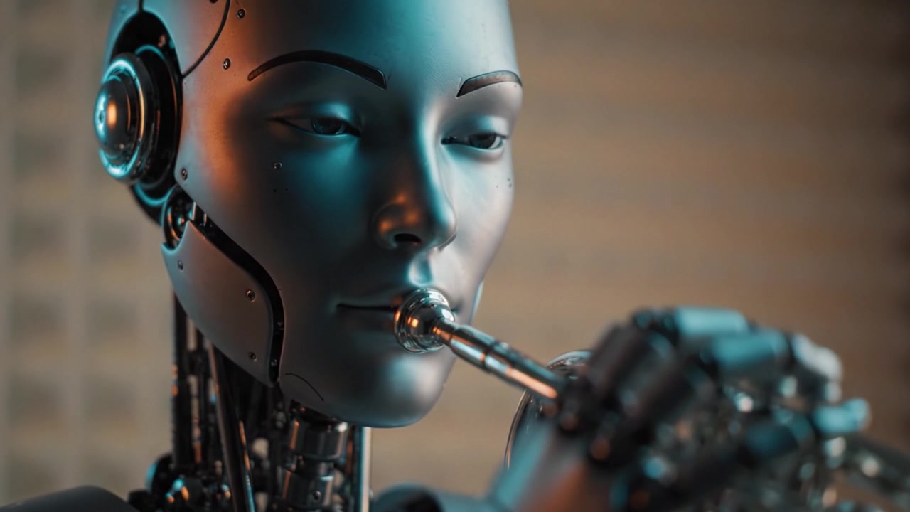 Un musicista robotico altamente avanzato suona la tromba con dettagli intricati, mettendo in mostra la fusione di tecnologia e arte in una performance accattivante