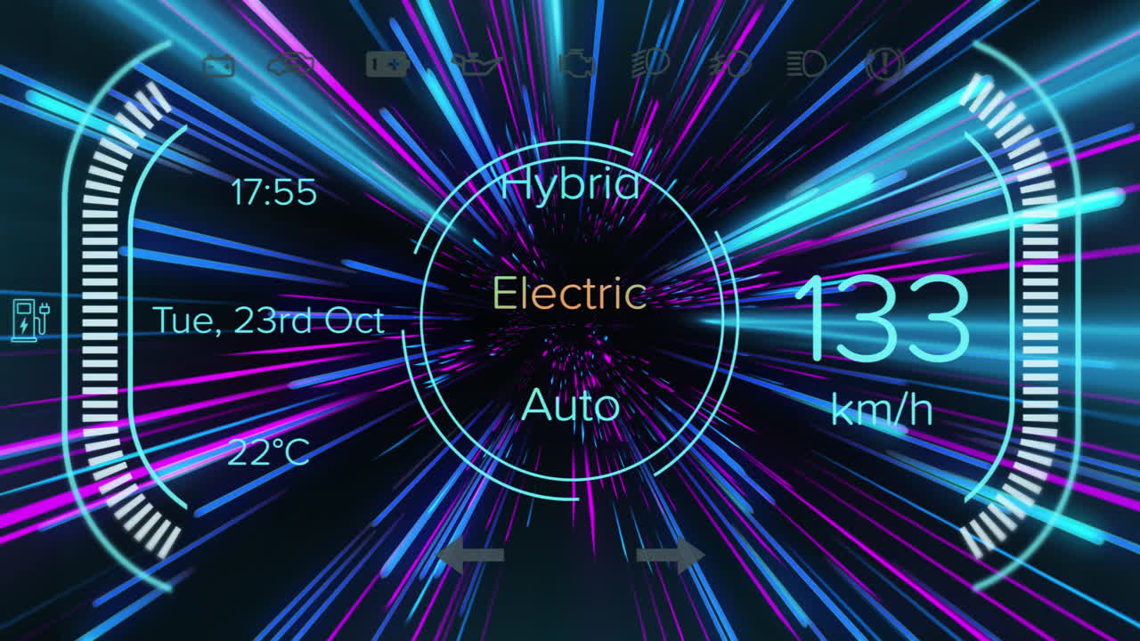 핑크와 파란색 네온 빛 트레일 위에 전기 자동차 아이콘의 애니메이션