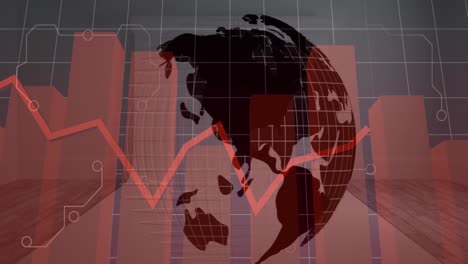 animation of statistics and data processing and globe over grid and dark background