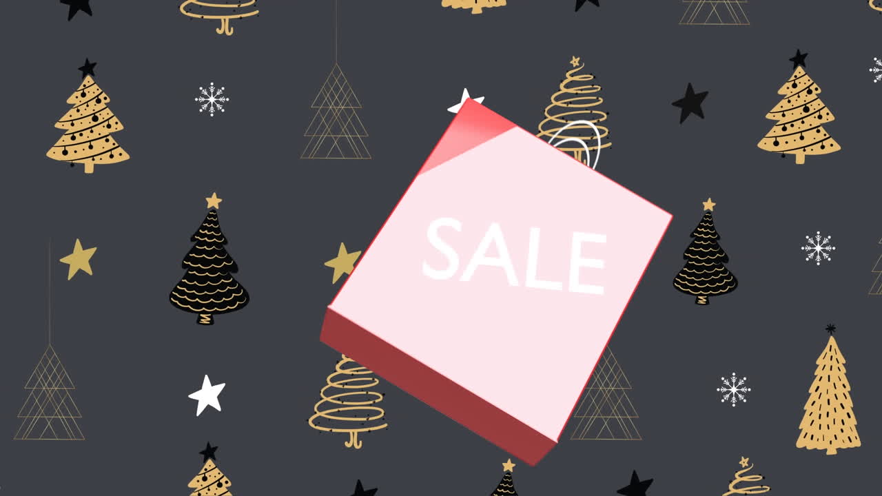 texto de venta en una bolsa de compras roja flotando contra el árbol de navidad y las estrellas iconos en un patrón sin costuras