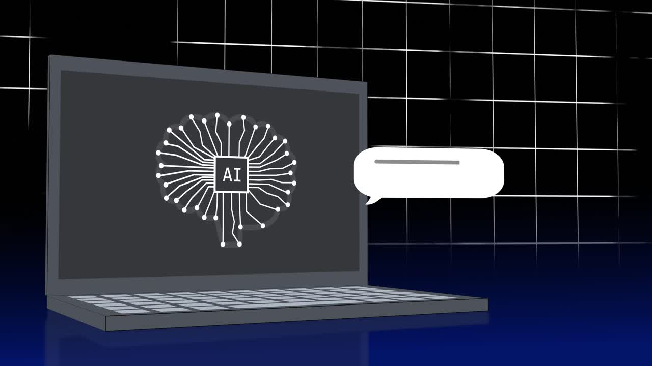 Animazione di un laptop con chat AI su sfondo nero