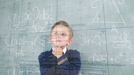 animation of a boy thinking, over mathematics equations in the background