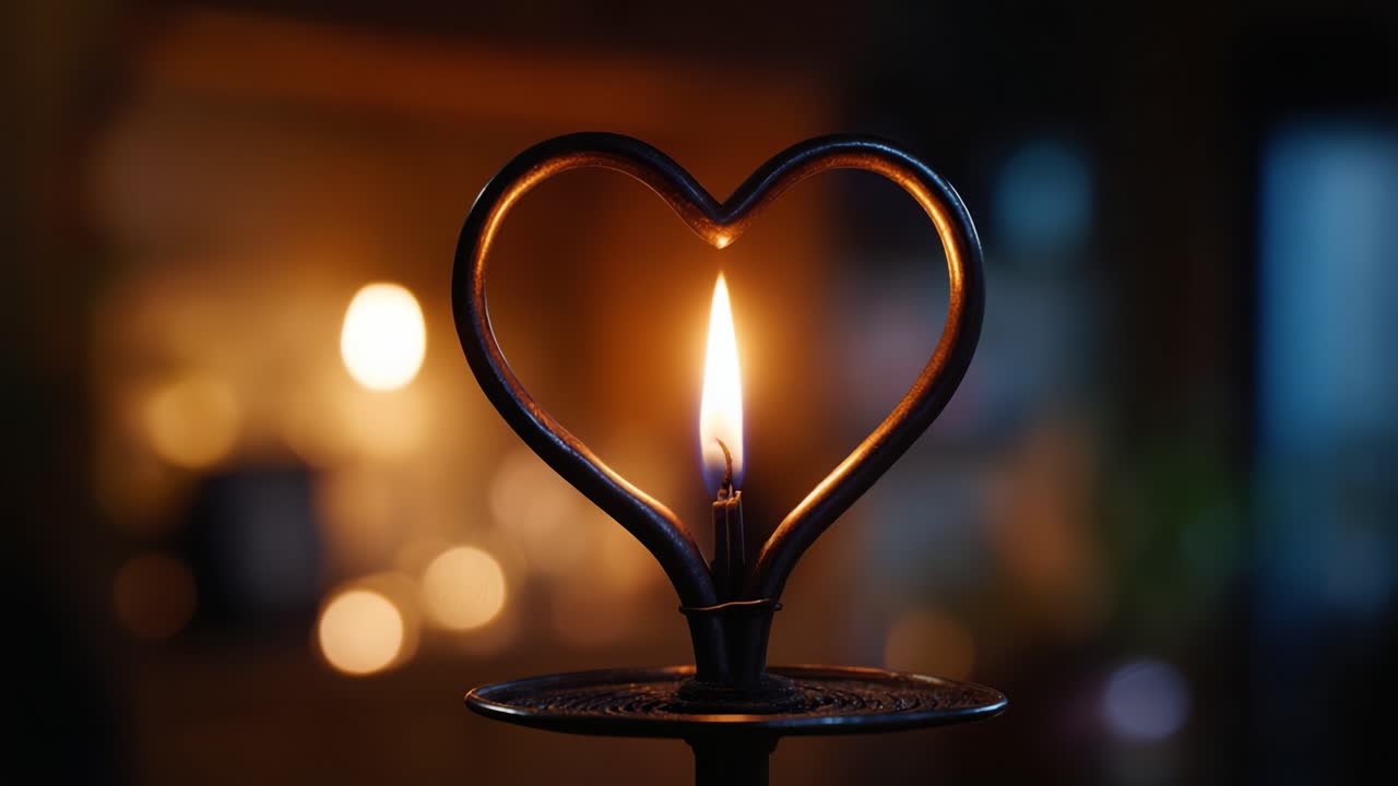 Un candelabro con forma de corazón que ilumina una llama parpadeante, creando un ambiente cálido y romántico en un entorno acogedor con iluminación suave de fondo.