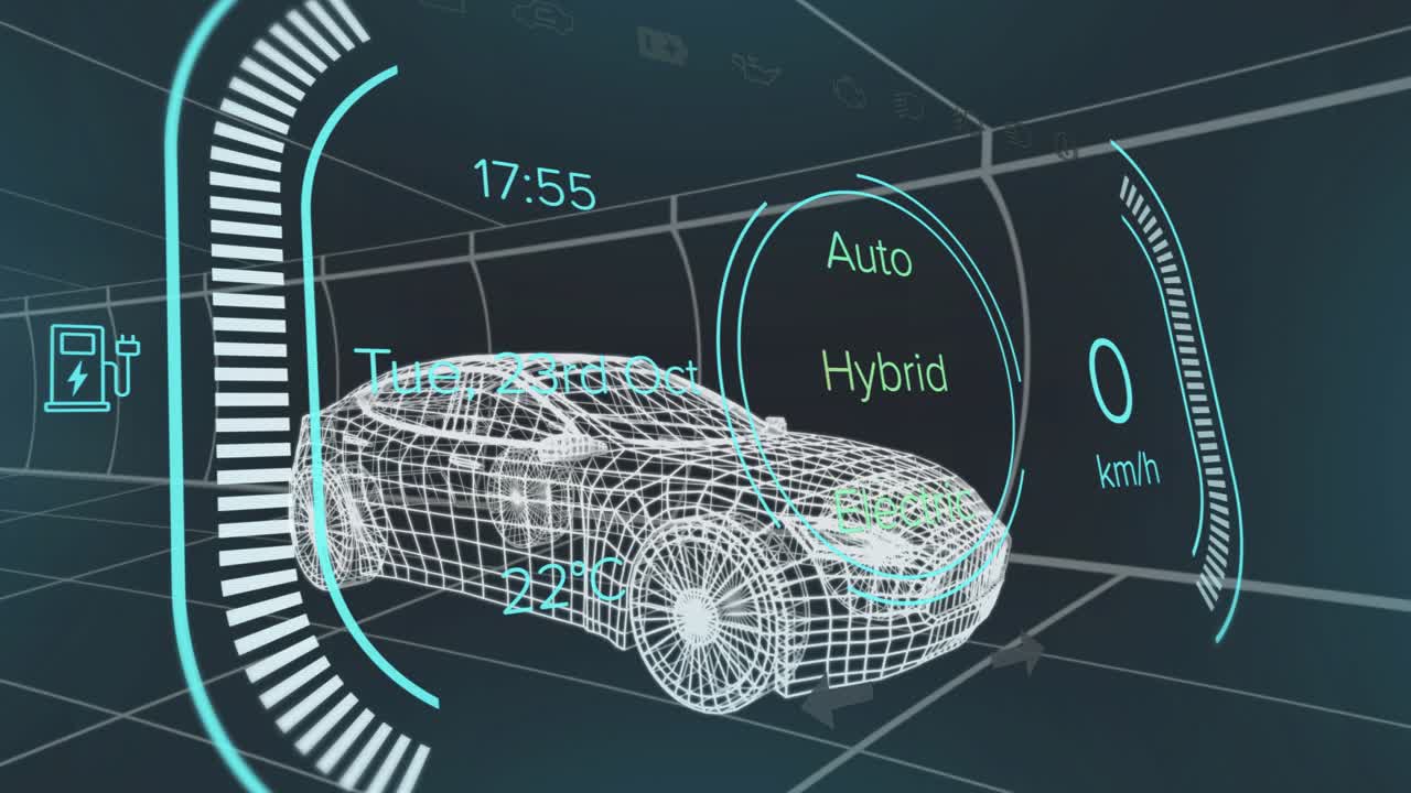 Initiating wireframe sedan accelerating, speedometer climbing and mode ring shifting showing data