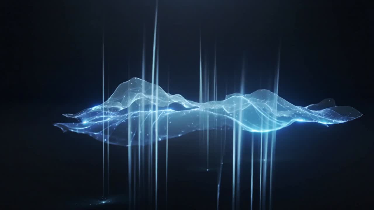 Animating luminous waveform rising, undulating and pulsing in void, revealing crest and shafts