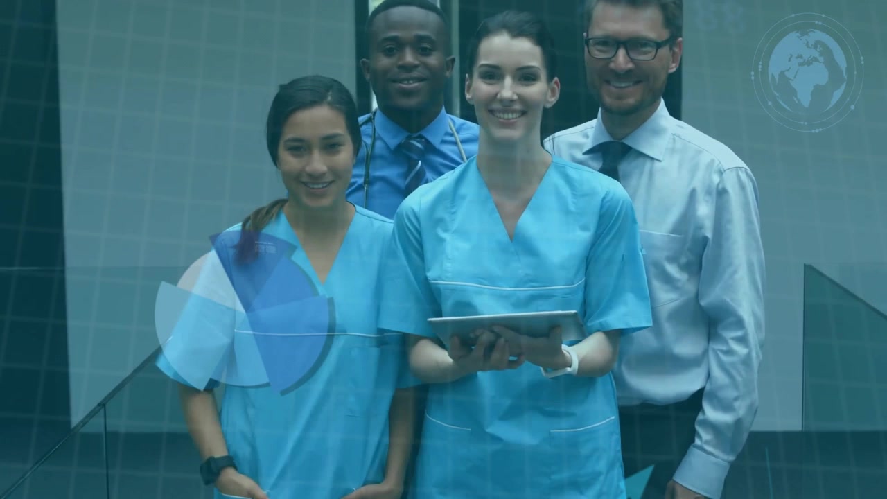 Animação de processamento de dados e diagramas sobre médicos diversos conversando em hospital