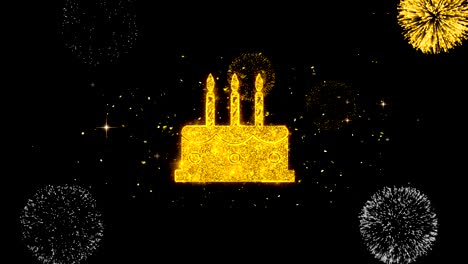 birthday cake icon on glitter golden particles firework.