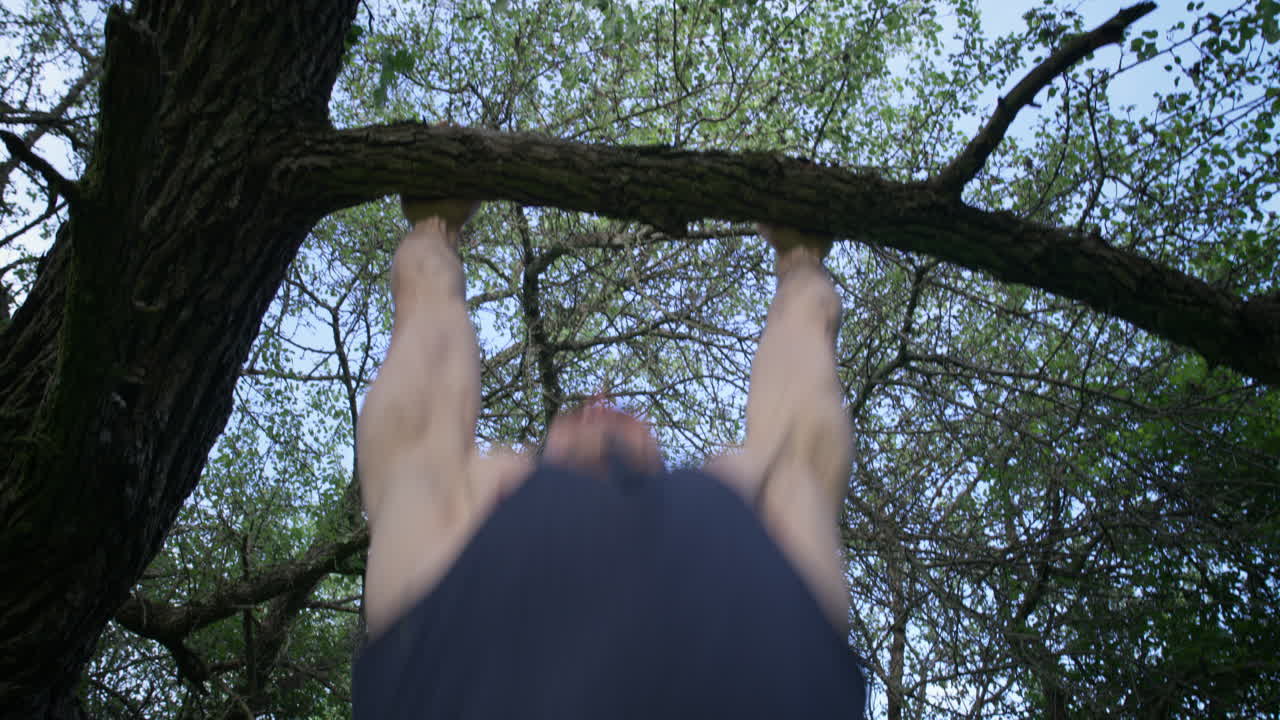 Man performing calisthenics on a tree branch