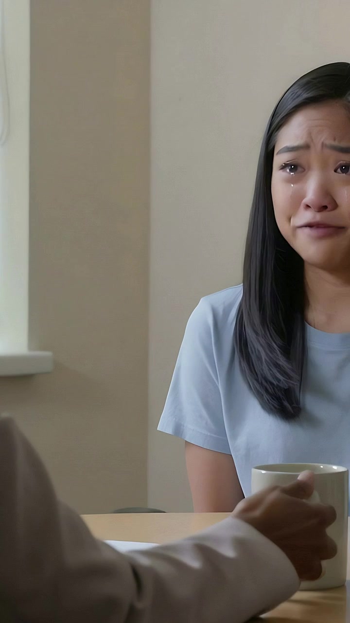 Vertical video: Crying teen in blue talking as blazer adult reaching with mug for comfort at clinic