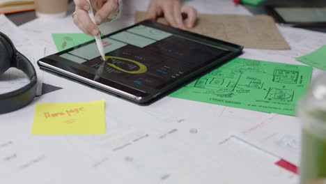 ingenieros de mano cercana desarrollando aplicaciones de software utilizando tabletas digitales viendo el diseño en la pantalla programadores codificando sistemas de seguridad de internet compartiendo ideas de proyectos en reuniones de oficina