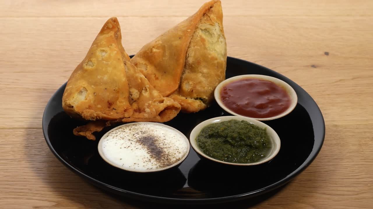 Track shot of a black plate of Samosa and chutney served
