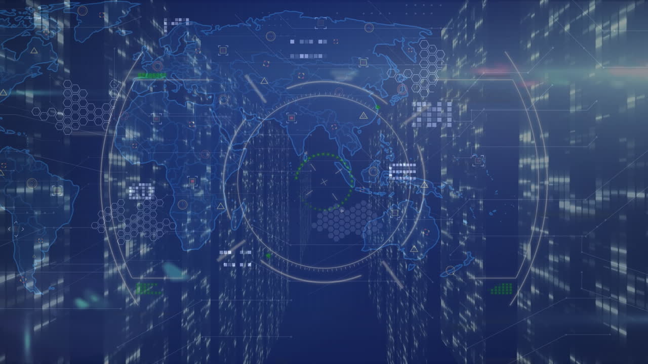 검은 바탕에 있는 세계 지도 위의 스 ⁇  스캐닝의 애니메이션