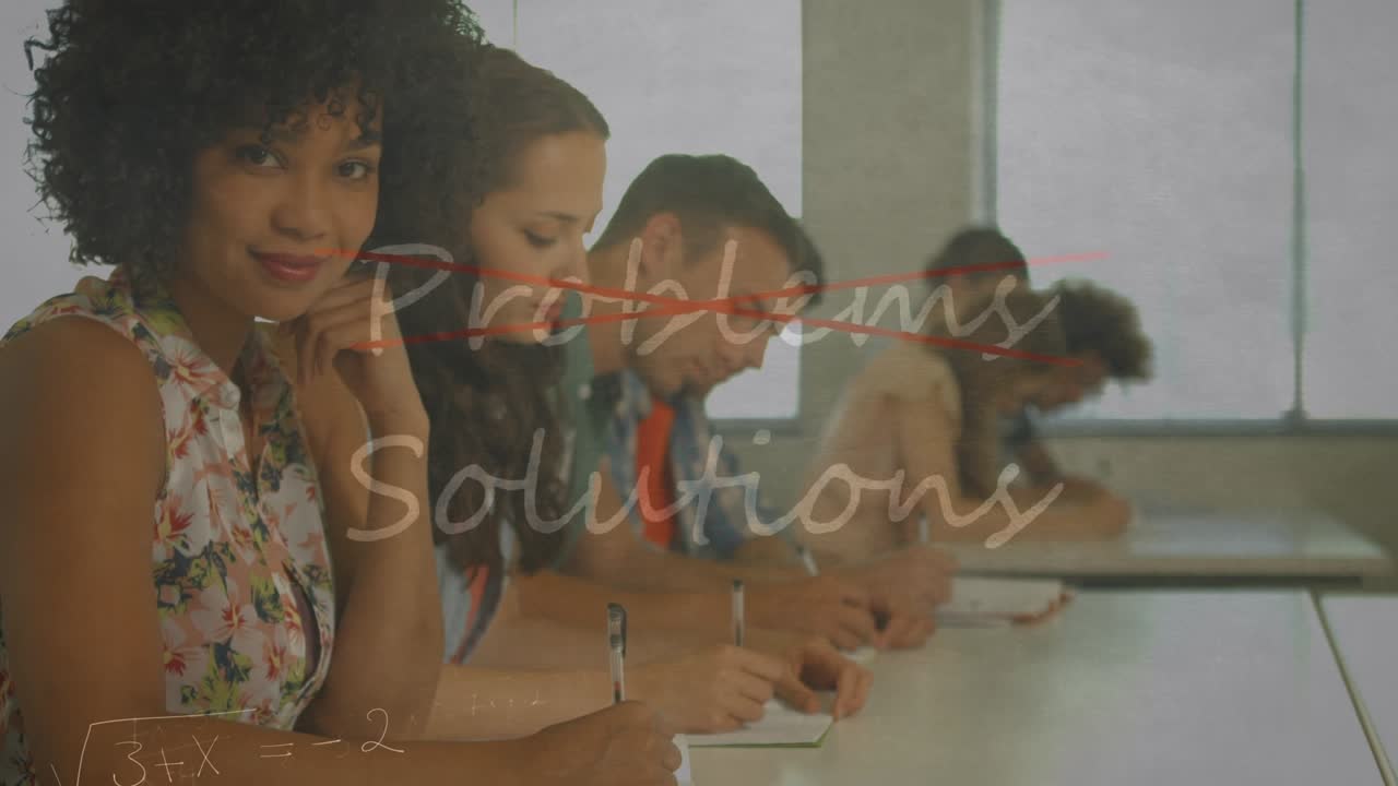 Animation of problems solutions text over happy diverse students during exam
