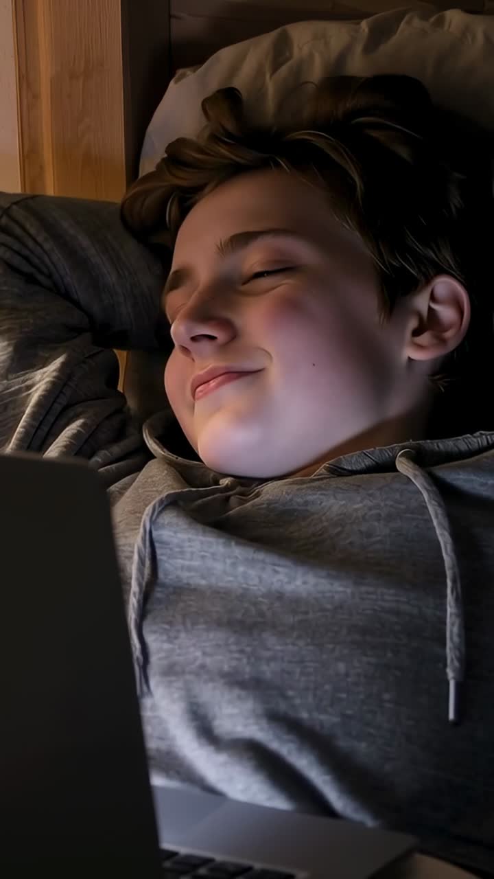 Vertikal video: Teenagerdreng lægger mærke til en notifikation på sin bærbare computer, læner sig tilbage på sengen og smiler i en grå hættetrøje.