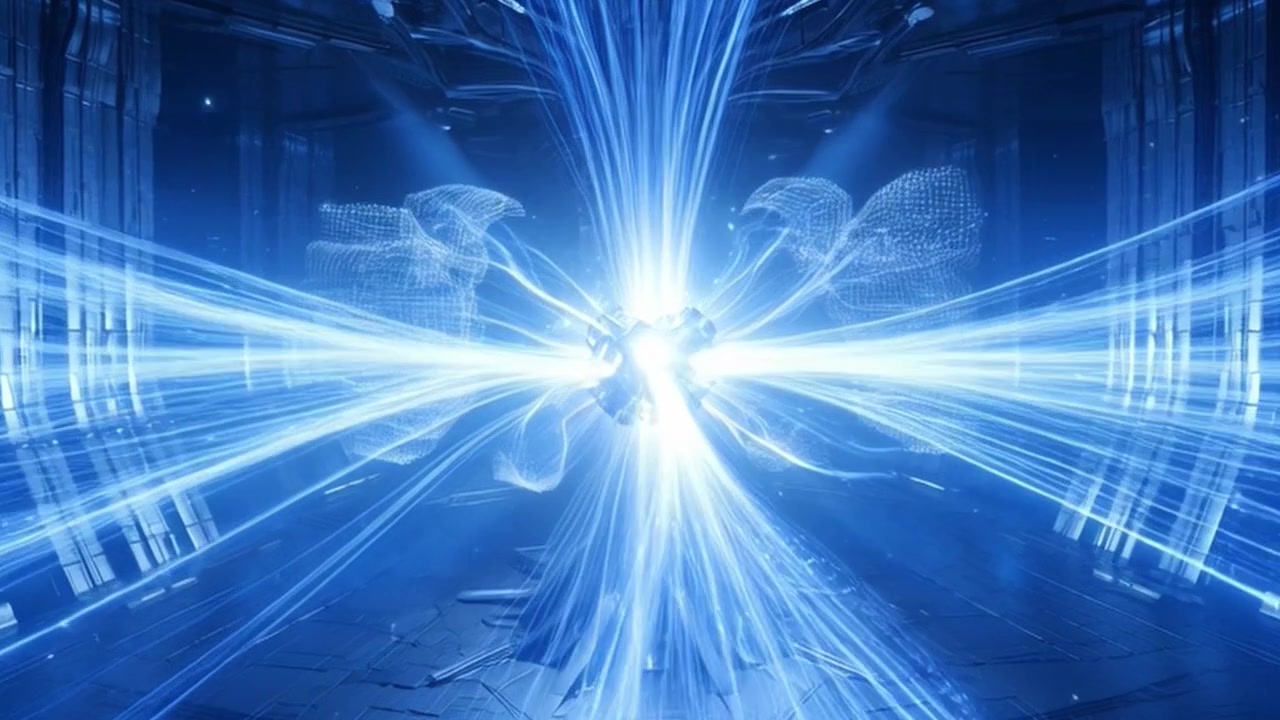 Futuristic Energy Core Emitting Blue Light Beams in Sci-Fi Corridor