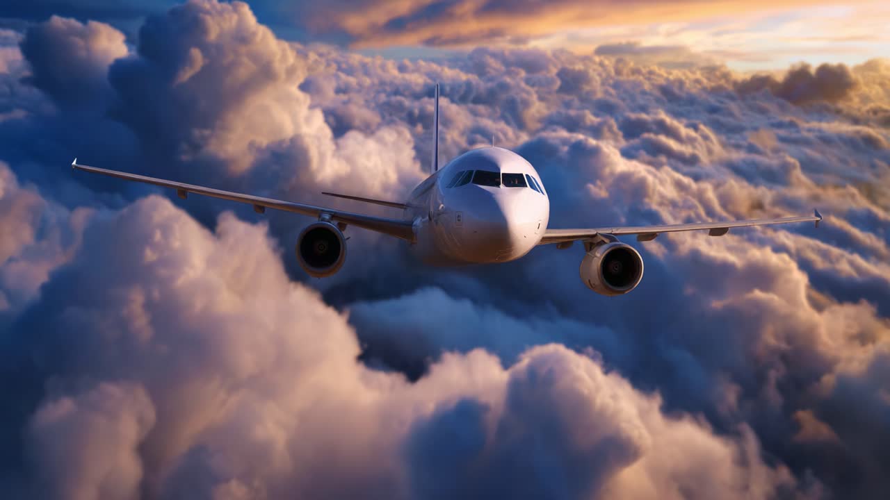Um avião majestoso voando por entre nuvens vibrantes e fofas durante um pôr do sol de tirar o fôlego, capturando a essência da viagem, da aventura e da liberdade no céu