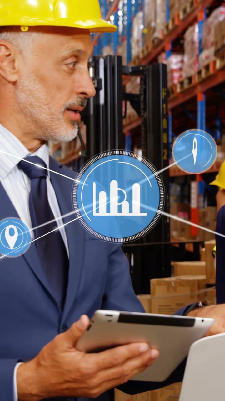Video verticale: Supervisore di magazzino che tocca un tablet, nodi e linee di dati animati che mappano lo stock.