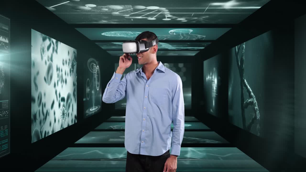 의료 데이터 처리와 함께 스크린 위에 vr 헤드 ⁇ 을 착용 한 사업자의 애니메이션