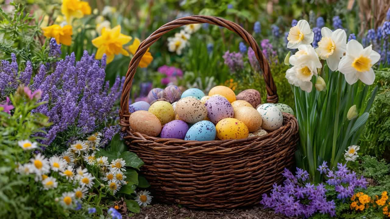 A Beautiful Basket of Colorful Easter Eggs Amidst Vibrant Spring Flowers and Lush Greenery, Celebrating the Joy of Seasonal Festivities and Nature's Bloom