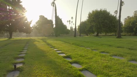 4k aerial of hollywood forever cemetery at sunrise, september 2024, los angeles, california, usa.