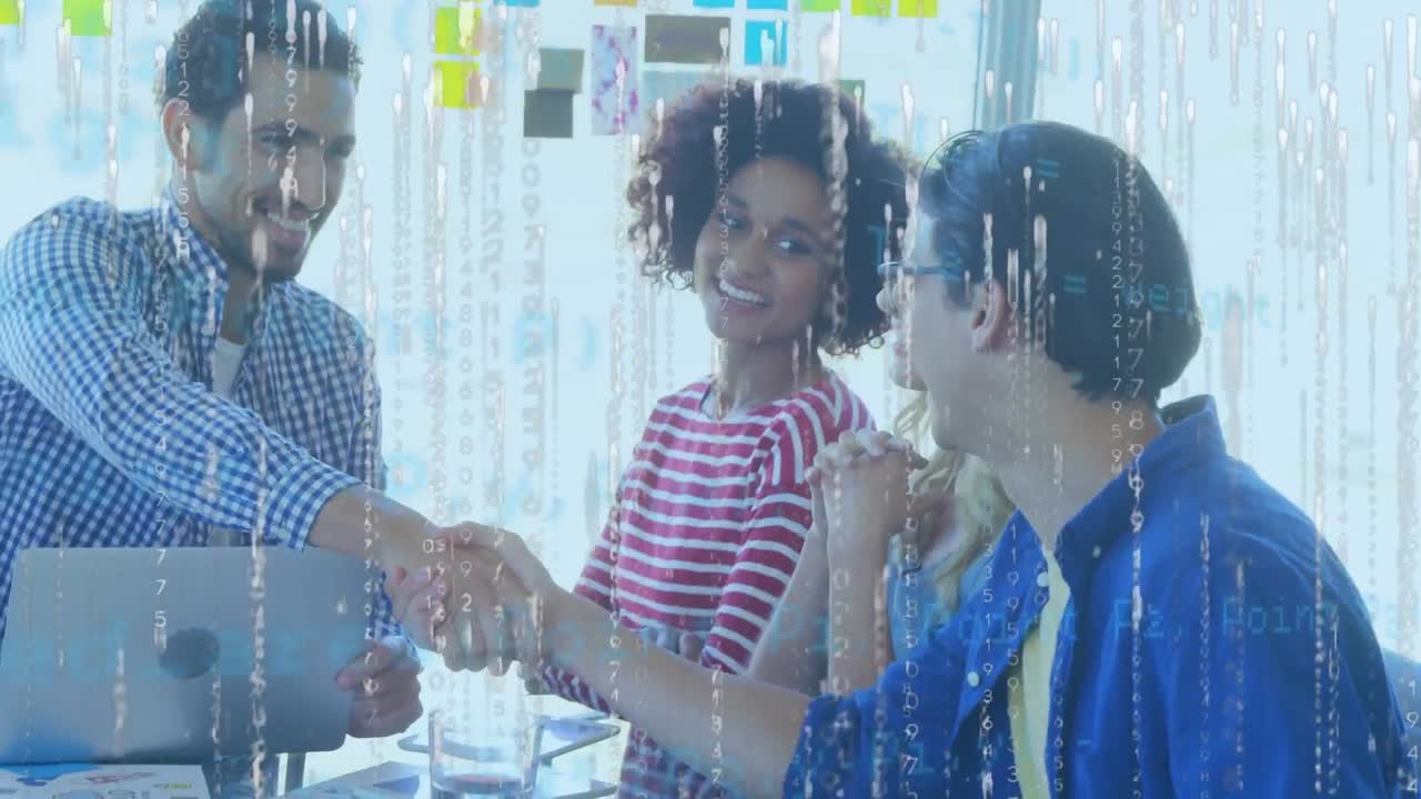 Animation of data processing over happy business people