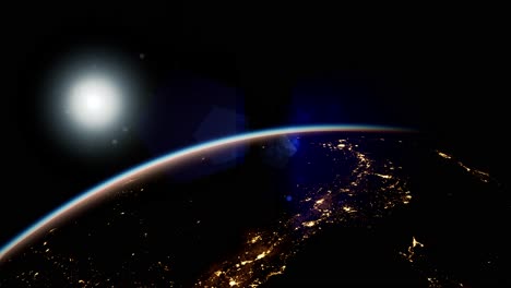 space, sun and planet earth at night