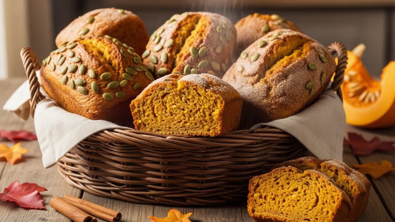 Freshly Baked Pumpkin Bread: A Cozy Autumn Delight in a Rustic Basket, Featuring Warm Loaves with Pumpkin Seeds and Deliciously Soft Texture