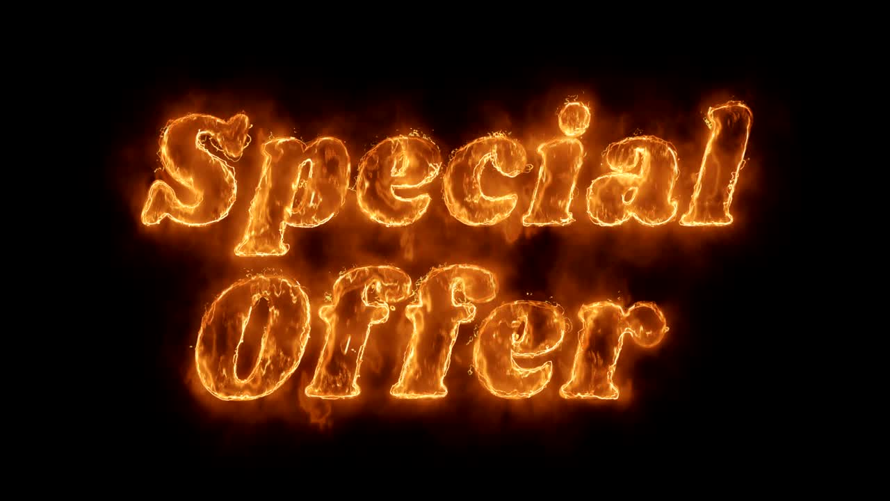 oferta especial palabra animada caliente quema el bucle de llama de fuego realista.