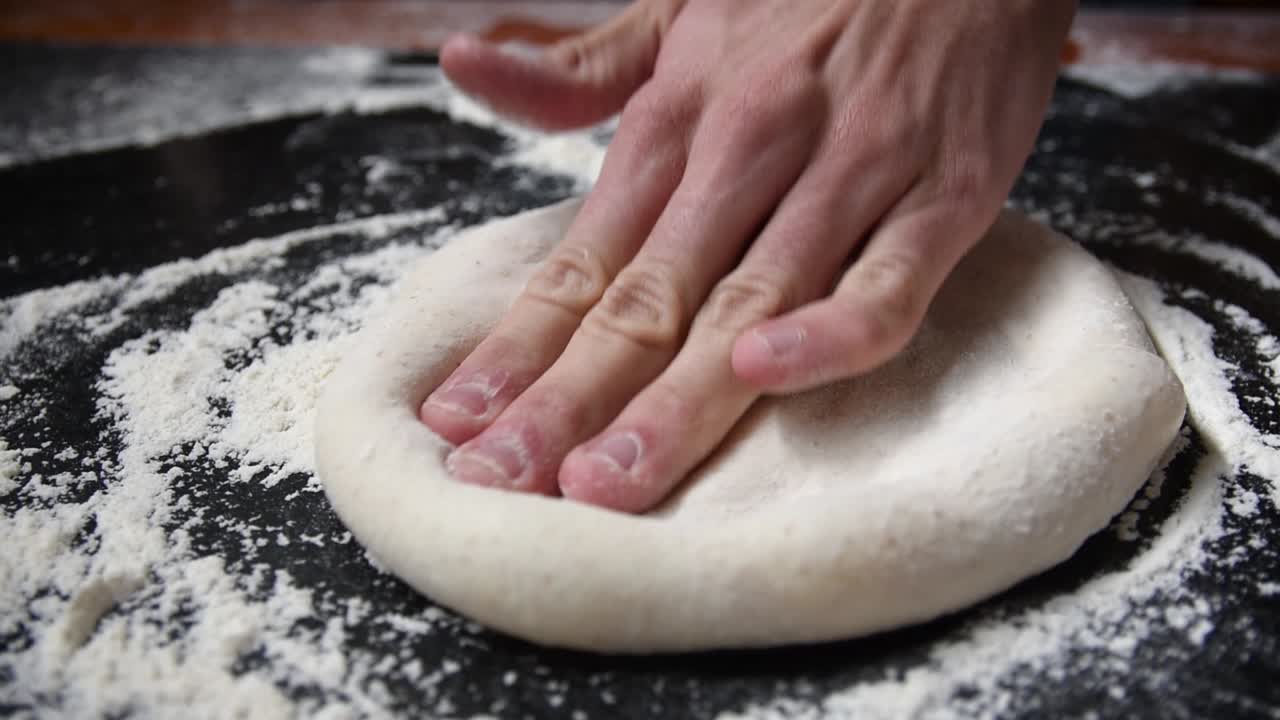 primer plano del chef estirando masa fermentada con las manos para pizza casera