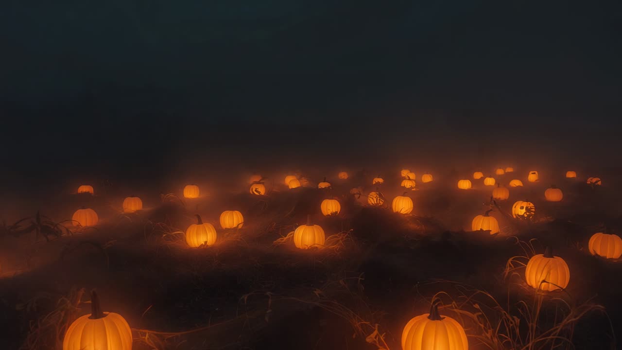 Opening shot panning camera through foggy night pumpkin patch, focusing on glowing carved pumpkins