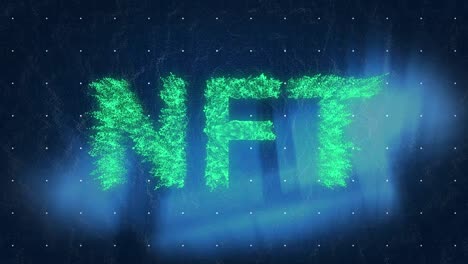 Digital-animation-of-green-nft-text-banner-over-blue-light-trails-against-blue-background